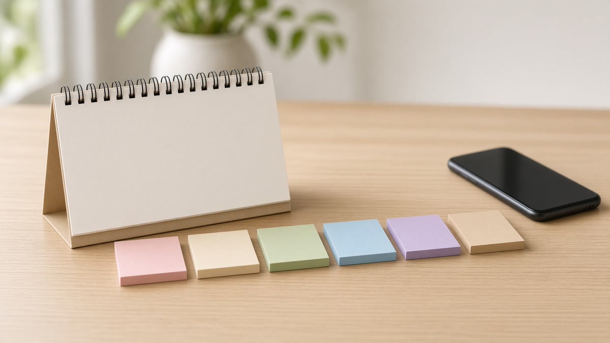 A blank desk calendar and a row of blank colored sticky notes laid out like a timeline beside a phone