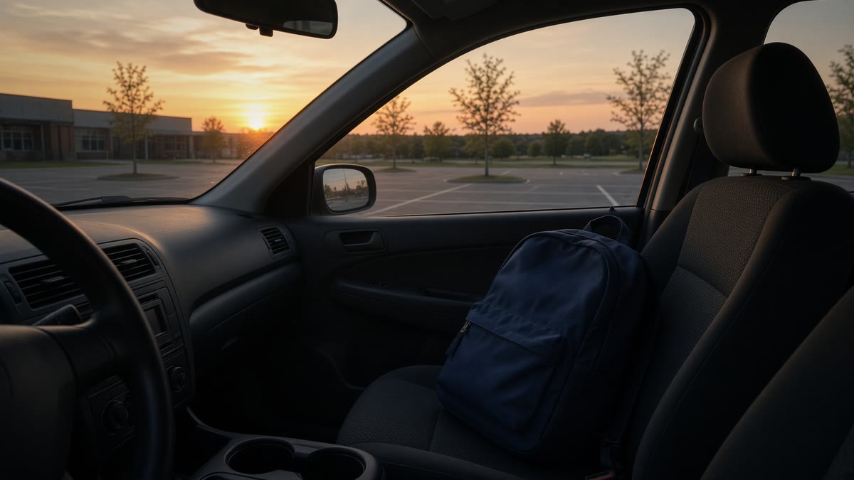 Inside a parked car in an empty school parking lot at sunset, a child's backpack on the passenger seat