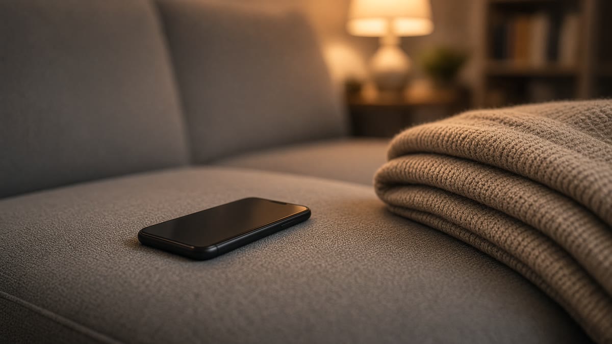 A phone lying on a grey sofa cushion beside a folded knit blanket in warm evening lamp light