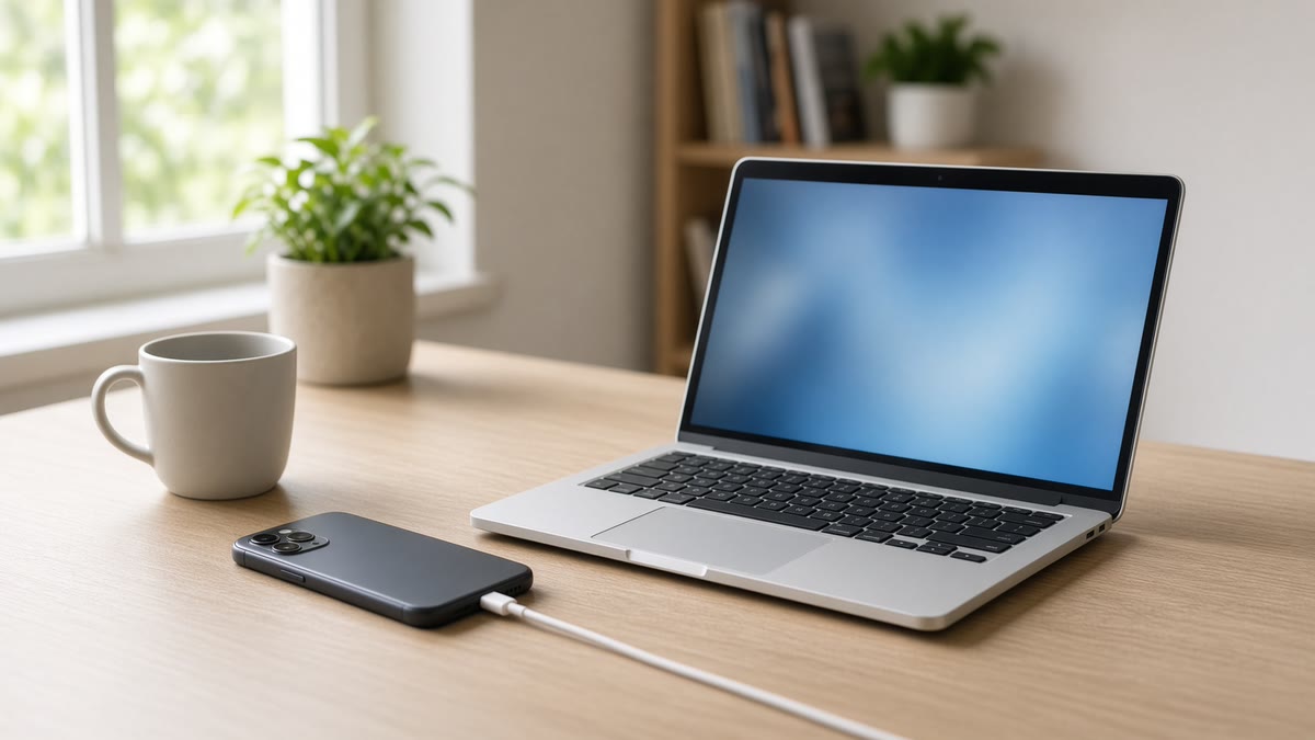 A phone connected by a white cable to an open laptop on a home office desk beside a mug and a plant