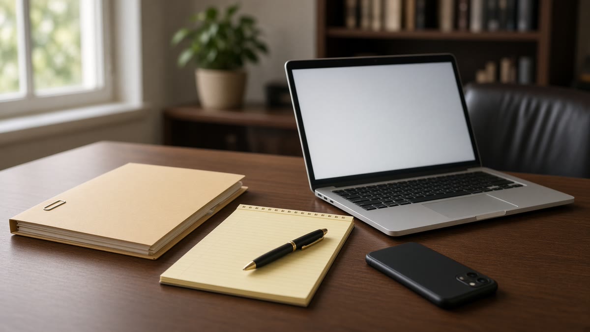 A closed case file, a yellow legal pad with a pen, an open laptop and a phone lying face down on a law office desk