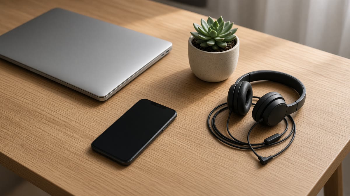 A phone with a dark screen on a light oak desk beside a closed laptop, coiled headphones and a small potted succulent