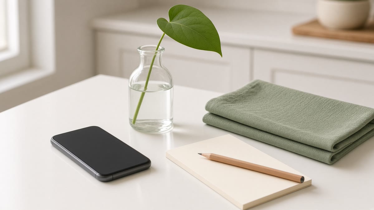 A phone with a dark screen on a white kitchen counter beside a glass vase with one green leaf, a sage dish towel and a blank notepad with a pencil