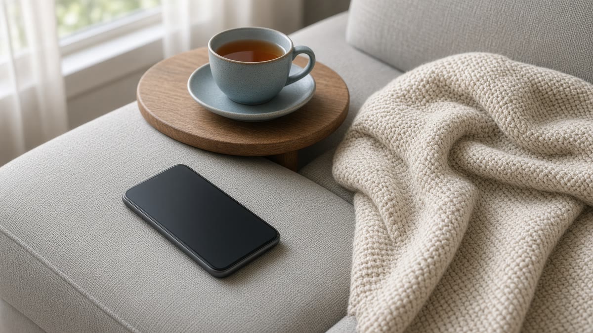 A phone with a dark screen on a light grey sofa beside a cream knitted blanket and a cup of tea on a round wooden side table