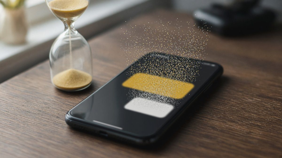 A phone whose chat bubbles are dissolving into dust, next to an hourglass