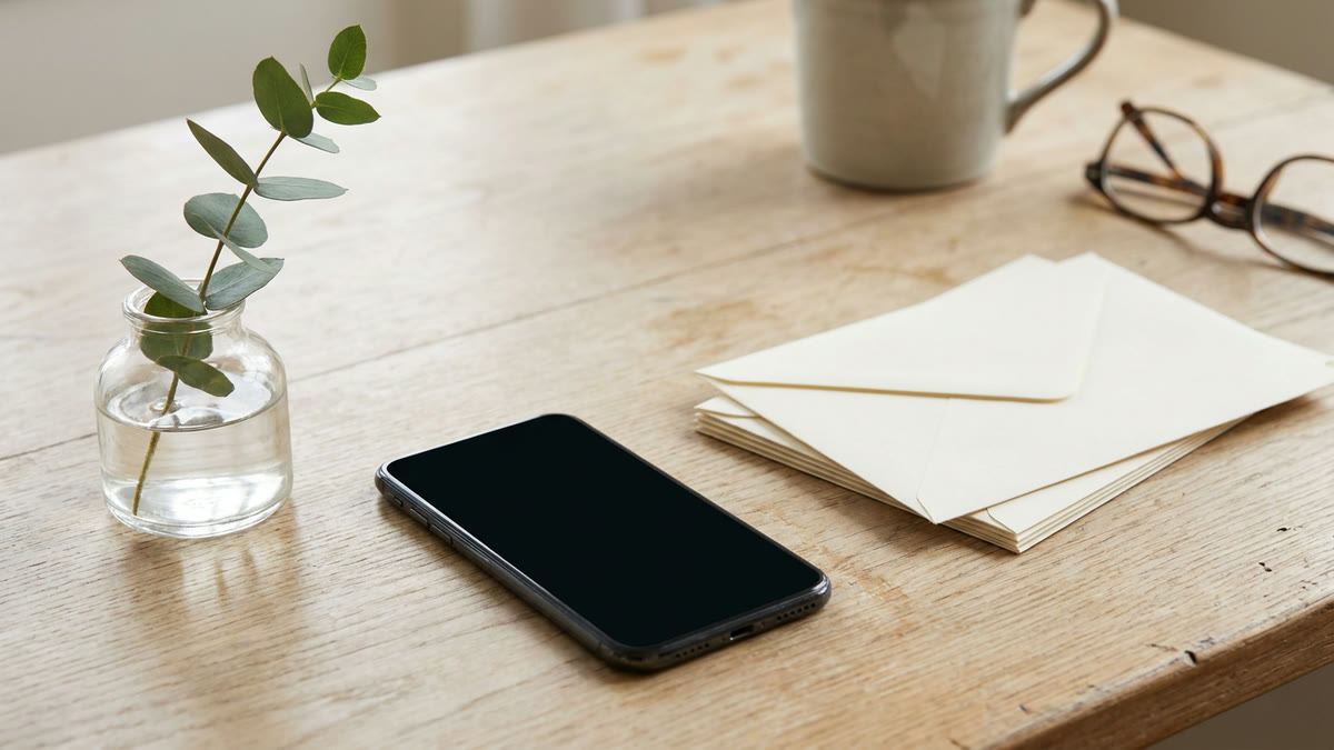 A phone with a dark screen on a pale wooden desk beside a stack of blank envelopes, a sprig of eucalyptus in a glass jar and a pair of glasses