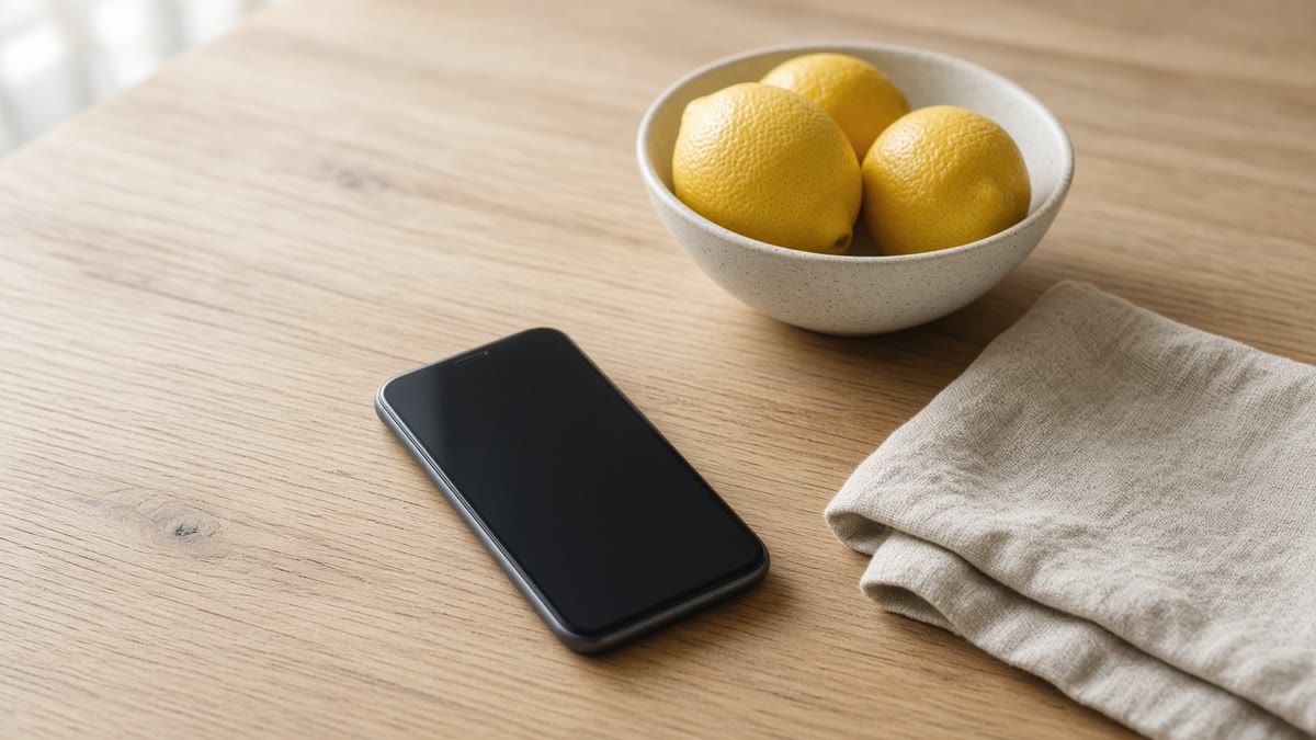 A phone with a dark screen on a pale wooden kitchen table beside a bowl of lemons and a folded linen napkin