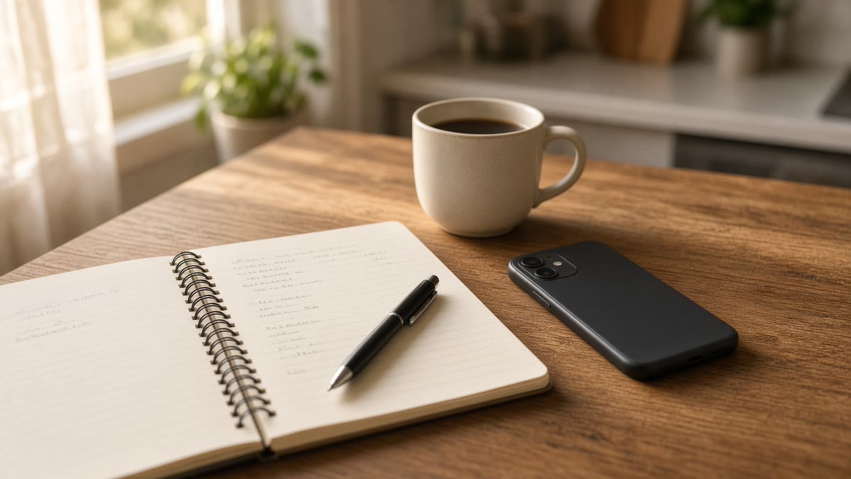An open spiral notebook with a pen beside a coffee mug and a phone lying face down on a wooden kitchen table in morning light