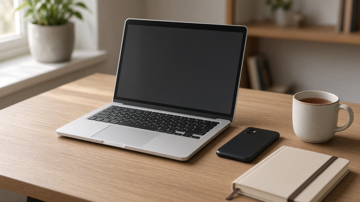 An open silver laptop on an oak desk beside a phone lying face down, a mug of tea and a closed notebook