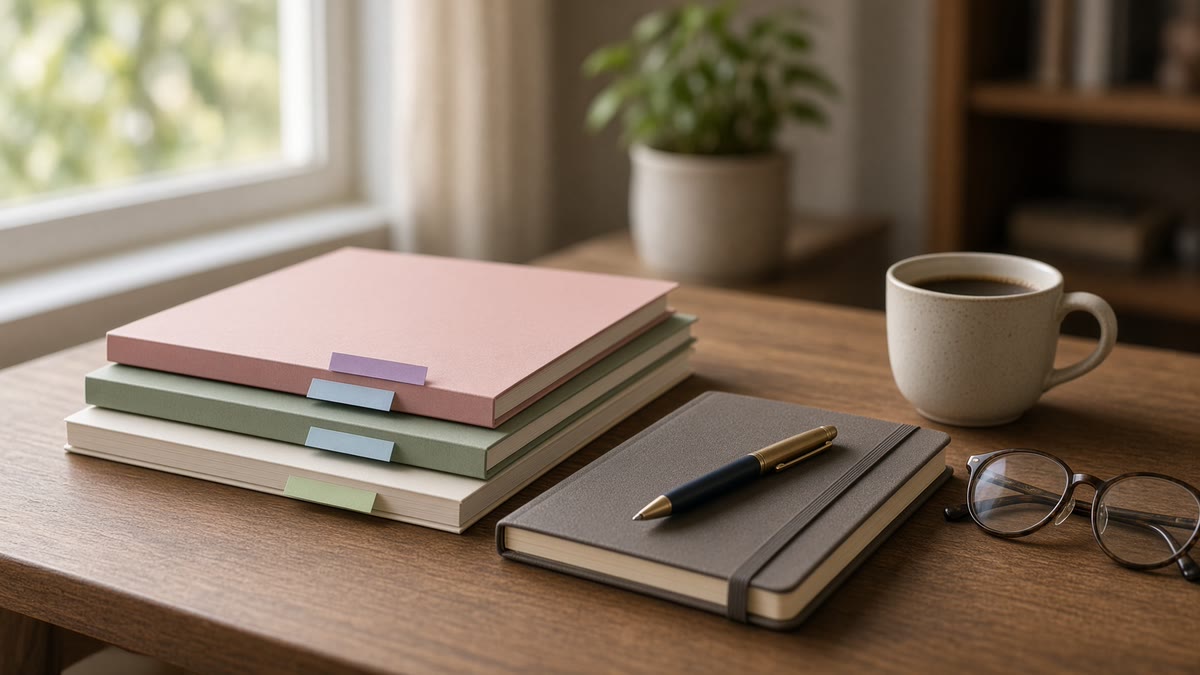 A stack of three folders with blank colored tabs, a closed planner with a pen, a cup of coffee and reading glasses on a wooden desk in morning light