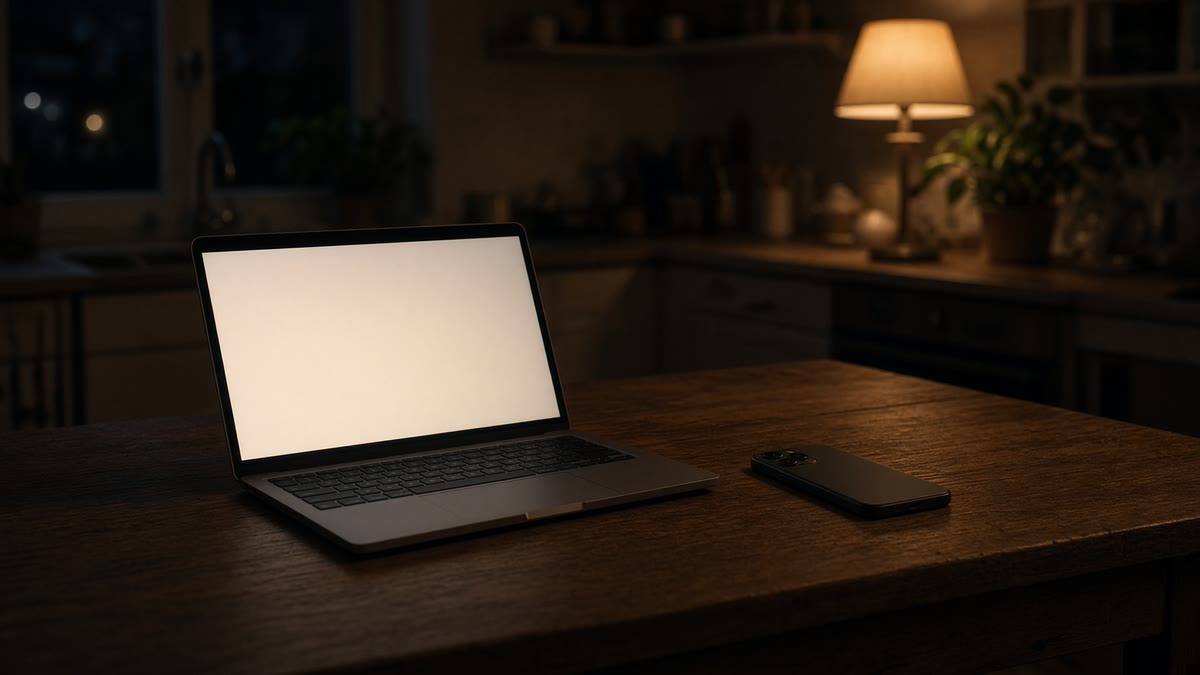 An open laptop with a glowing blank screen and a phone lying face down on a dark kitchen table at night