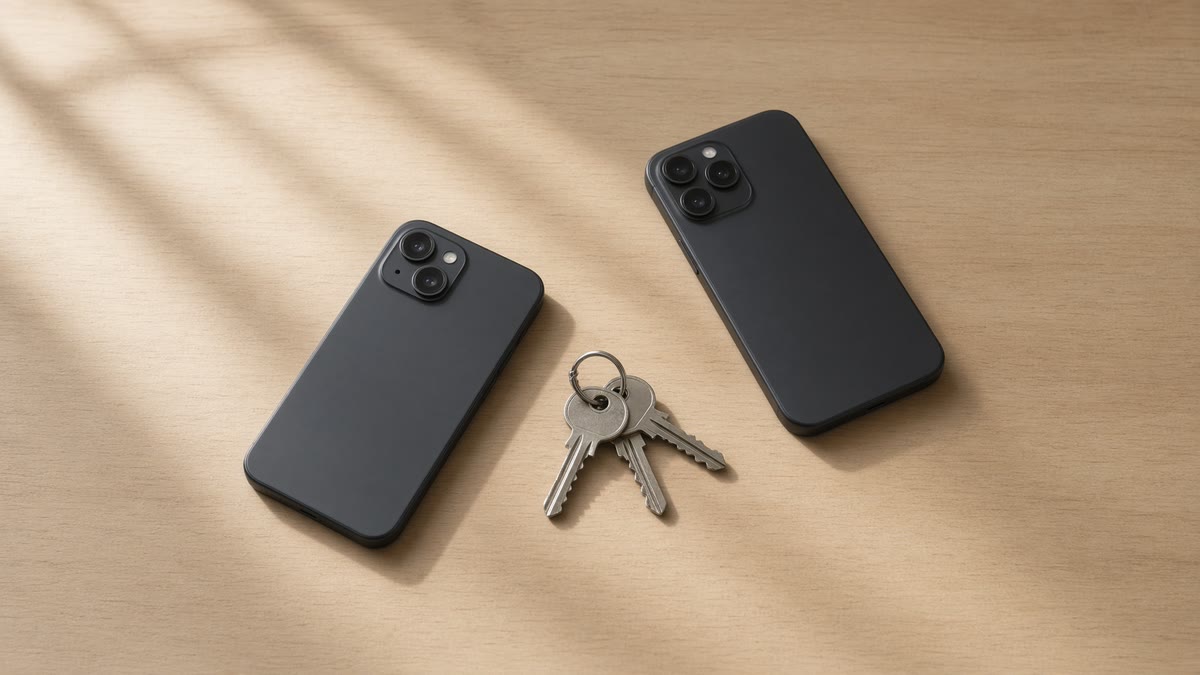 Two phones lying face down apart on a light wooden table with a set of house keys between them