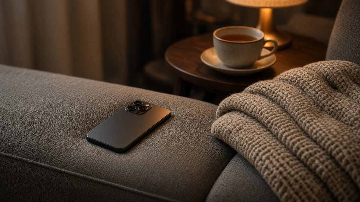 A phone lying face down on a grey couch beside a knit blanket and a cup of tea in lamp light