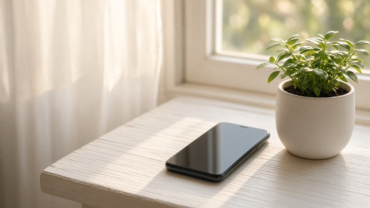 A phone on a sunlit white windowsill next to a small potted plant