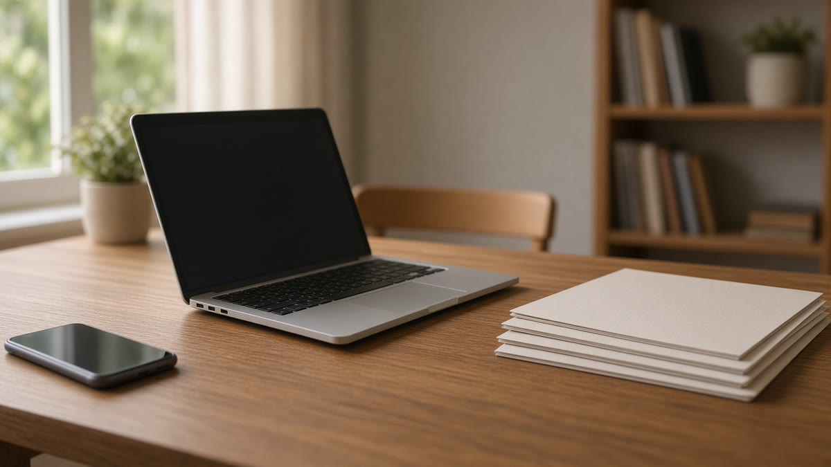 An open laptop, a phone and a stack of blank folders on a tidy wooden desk