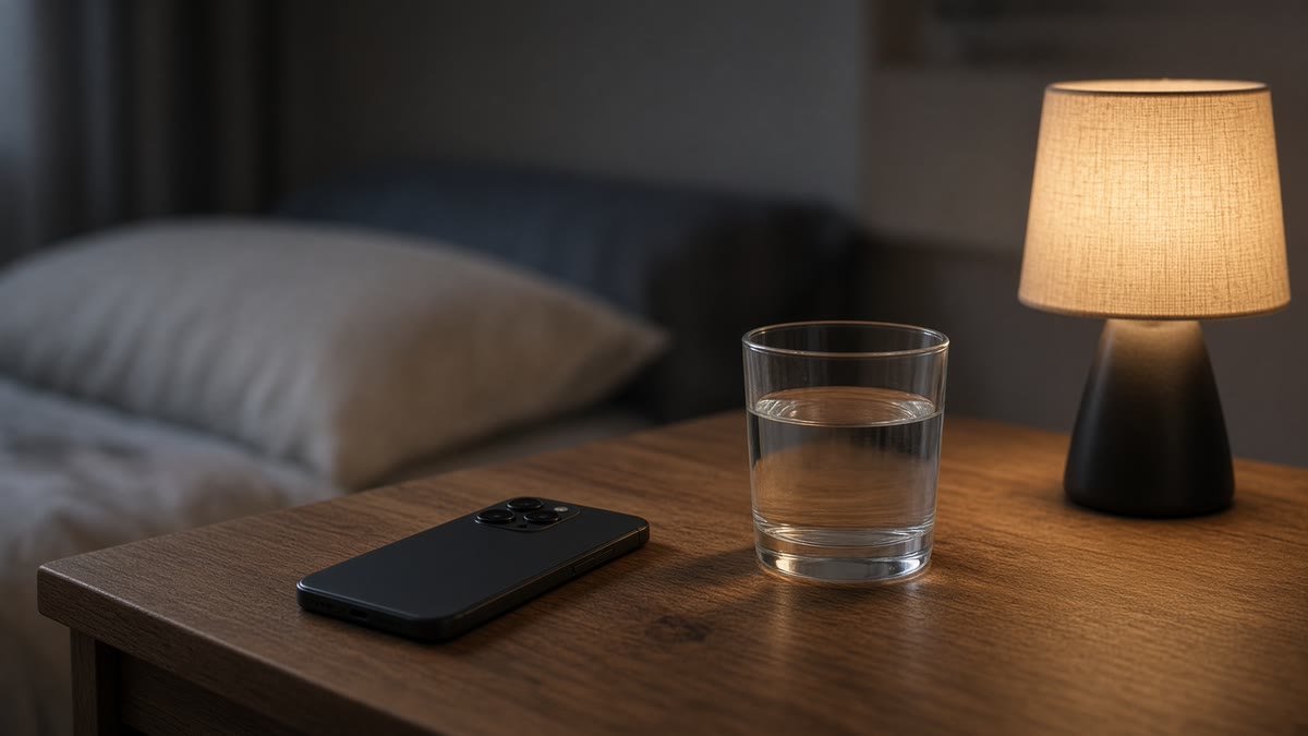 A phone lying face down on a nightstand beside a glass of water and a lit lamp in a dim bedroom