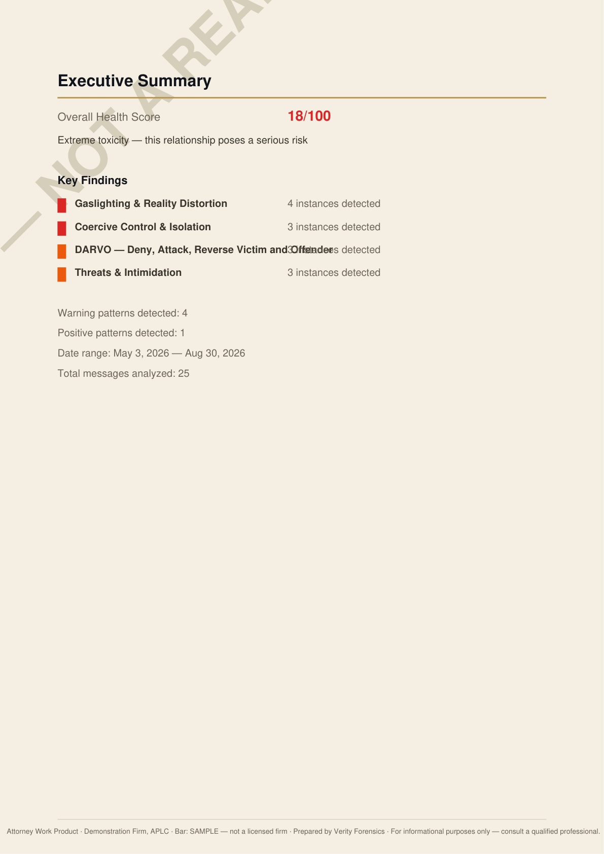 Pattern analysis page with flagged quotes and citations